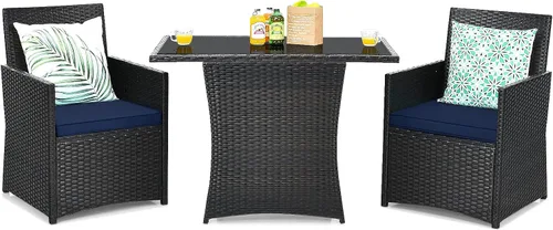 Vista 15 de Tangkula Juego de comedor de mimbre de 3 piezas, 2 sillas de ratán con mesa de comedor rectangular de vidrio templado, juego de conversación al aire
