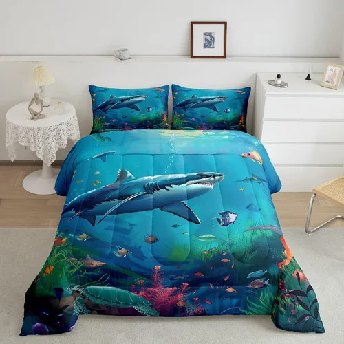 Vista 38 de Erosebridal Blue Ocean - Juego de edredón tamaño individual Juego de ropa de cama de ballena delfín y tortuga marina para niños y niñas, juego