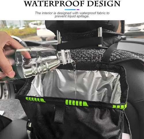 Vista 3 de Fekey&JF Bote de basura colgante para automóvil con bolsillos de almacenamiento, bolsa de basura Oxford impermeable a prueba de fugas, organizador