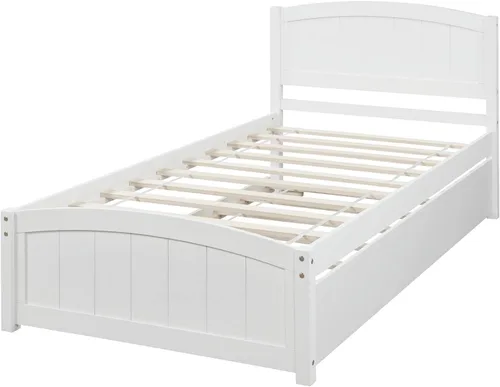 Vista 6 de Harper & Bright Designs Marco de cama individual, plataforma de madera con nido, cabecero, estribo y soporte de listones de madera (blanco)