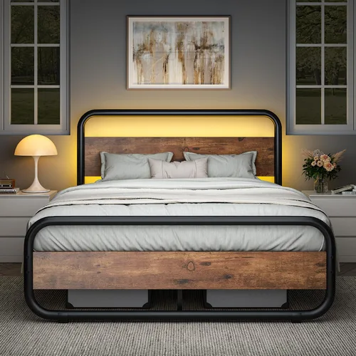 Vista 18 de Catrimown - Marco para cama individual con luces LED, marco de cama plataforma individual resistente de metal rústico con cabecera de madera