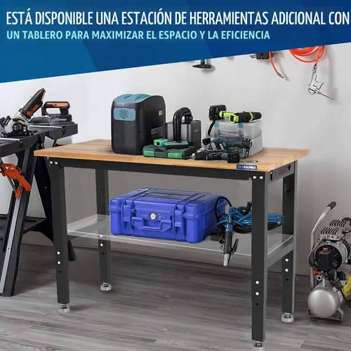Vista 4 de WORKPRO Banco de trabajo de garaje ajustable, escritorio de trabajo resistente con parte superior de madera de goma de 48 x 22 pulgadas, con tomas