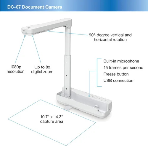 Vista 2 de Epson DC-07 Cámara de documentos portátil con conectividad USB y resolución de 1080p, color blanco