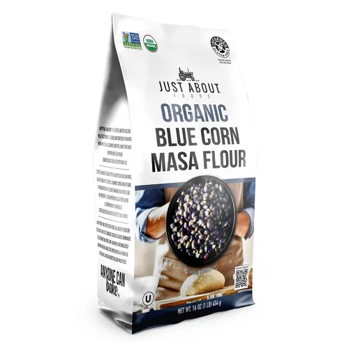 Vista 6 de Just About Foods Harina de Maíz Azul Orgánico USDA Orgánico Sin Gluten, Kosher y Vegano 1 LB (454 g) Paquete de 2
