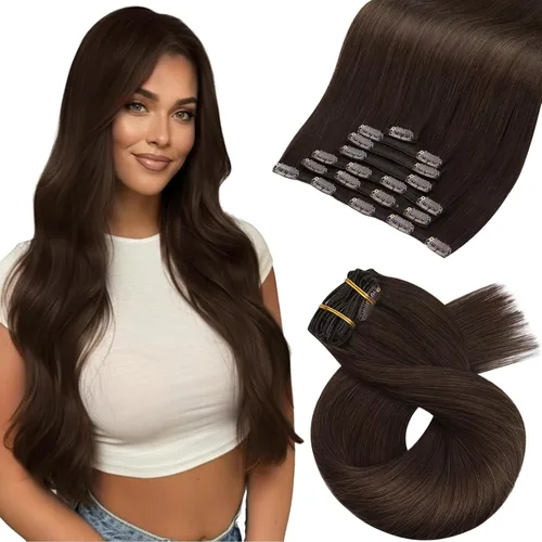 Vista 14 de Moresoo Extensiones de cabello humano con clip, balayage, color marrón oscuro a marrón dorado con clip, extensiones de cabello humano con clip, 5