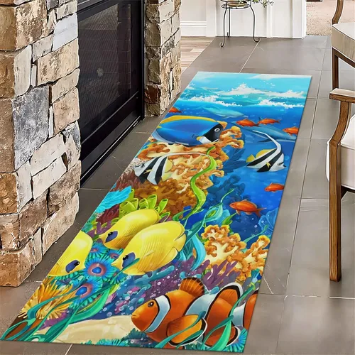 Vista 28 de Alfombra de pasillo larga con diseño de tortuga de acuarela, 2 x 6 pies, alfombra de camino de tortuga azul agua de mar para pasillos, alfombra