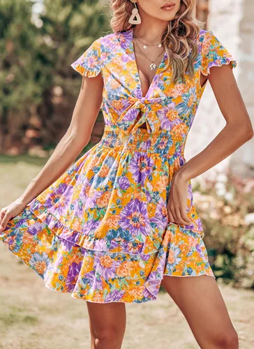 Vista 8 de PRETTYGARDEN Minivestido de manga corta con cuello en V y lazo frontal rojo para mujer