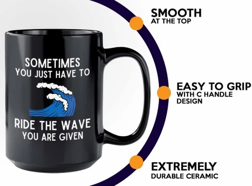 Vista 4 de Taza de café de surf de 15 onzas, color negro, paseo la ola, regalos para entusiastas del surf, deportes acuáticos, tabla de surf, atletismo