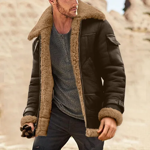 Vista 3 de Chaqueta de piel sintética para hombre, chaqueta de piel sintética de gamuza, abrigo de invierno casual con solapa y forro de sherpa