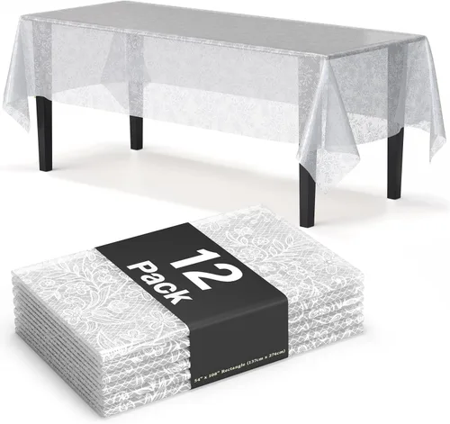 Vista 14 de Exquisite Mantel rectangular de plástico de encaje, paquete de 12 manteles de encaje rectangulares de 54 x 108 pulgadas, mantel floral transparente