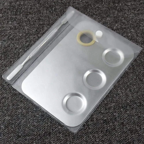 Vista 8 de Paleta de mezcla de maquillaje, paleta de maquillaje de acero inoxidable de 6 x 4 pulgadas, paleta de mezcla de 3 pocillos para arte de uñas, paleta
