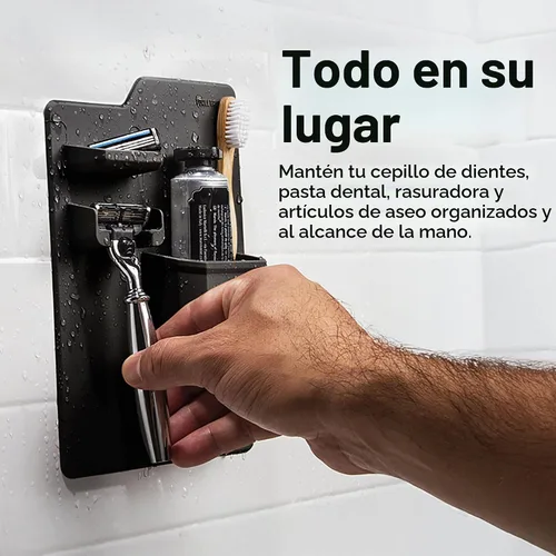 Vista 3 de Soporte de cepillo de dientes de silicona- incluye soporte de maquinilla de afeitar, plato de joyería, impermeable, sin ventosas, reutilizable, se