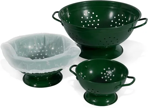 Vista 7 de Juego de 3 coladores de metal, cesta coladora con asas, perfecto para espaguetis, pasta, bayas, verduras, frutas, base sólida con recubrimiento