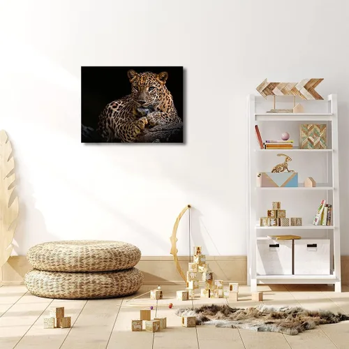 Vista 7 de Impresiones en lienzo de leopardo con fondo negro y vida silvestre dorada, arte de pared de leopardo y guepardo, ilustraciones para baño