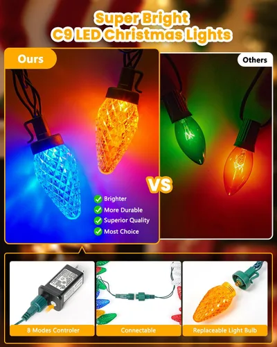 Vista 7 de Minetom Luces de Navidad C9 para exteriores, 88 pies, 110 luces LED con 8 modos de iluminación, impermeable, conectable, certificado UL
