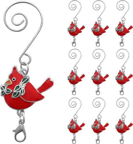 Vista 7 de Cardinals - Ganchos para adornos con gancho en S y pinza de langosta – Juego de 10 – Cardenales con hojas de acebo – Accesorios de Navidad