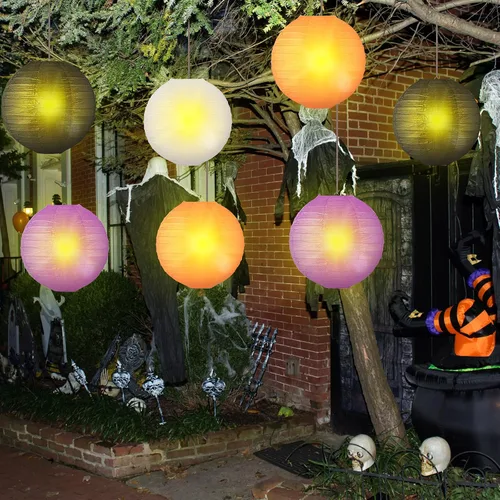 Vista 2 de VIHOSE 16 linternas de papel colgantes de Halloween, linternas de papel redondas, decorativas, naranja, morado, negro, blanco, para Halloween