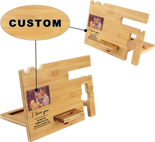 Vista 3 de Regalos para hombres – Estación de acoplamiento de madera personalizada – Organizador de mesita de noche grabado con soporte para teléfono, soporte