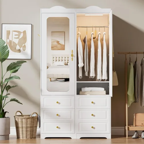 Vista 8 de Armario de Clóset, Armarios de Dormitorio Blancos con Puerta de Espejo y 6 Cajones, Armario de Almacenamiento de Ropa de 15.7" de Ancho/69.5