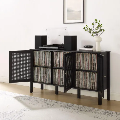 Vista 8 de Crosley Furniture Perry - Aparador de ratán moderno con armarios de almacenamiento, Credenza, soporte de TV, color negro