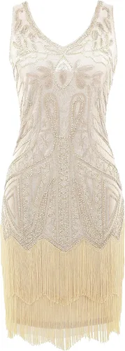 Vista 5 de BABEYOND Womens Flapper Dresses Set 1920s V Neck Beaded Fringed Great Gatsby Dress
