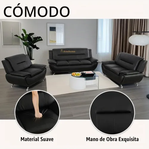 Vista 5 de A Ainehome Moderno juego de muebles de sala de estar de piel sintética, sofá modular de 6 asientos con sofá biplaza y silla (negro)