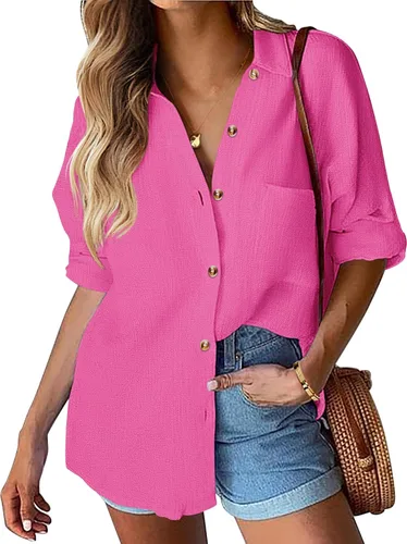 Vista 13 de HOTOUCH Camisa de manga larga con botones de lino para mujer, blusa de algodón casual, holgada, con cuello, para trabajo, de gasa, con bolsillo