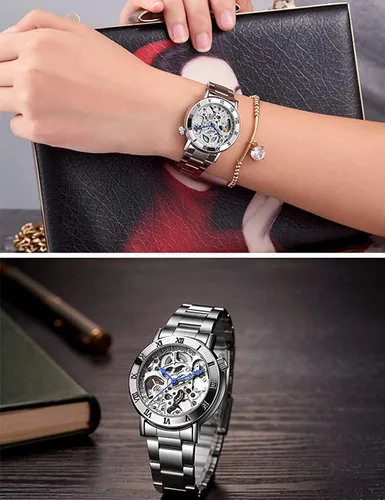 Vista 4 de MASTOP Relojes para mujer, reloj automático Steampunk de cuerda automática, pulsera de plata, reloj de pulsera de esqueleto para mujer
