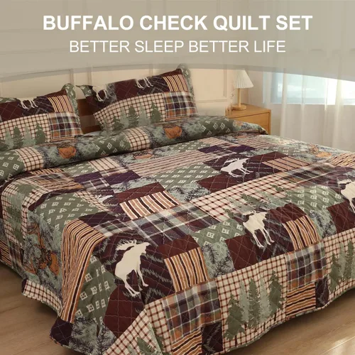 Vista 3 de Hailea Juego de ropa de cama de tamaño individual, juego de edredón rústico de cabaña de alce con funda de almohada, suave, reversible, para todas