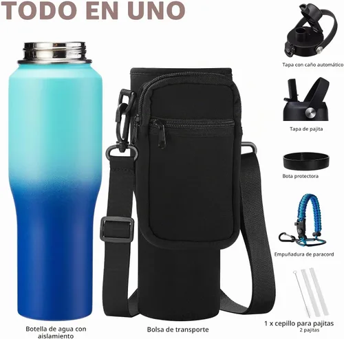 Vista 6 de Botella de agua aislada de 32 onzas con pajilla, mantiene el frío 48 horas o el calor 24 horas, termo de acero inoxidable al vacío con mango de Azul
