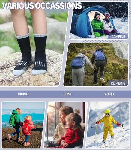 Vista 6 de Calcetines de senderismo de lana merino para niños y niñas, para invierno, cálidos, gruesos, térmicos, calcetines de regalo, 6 pares