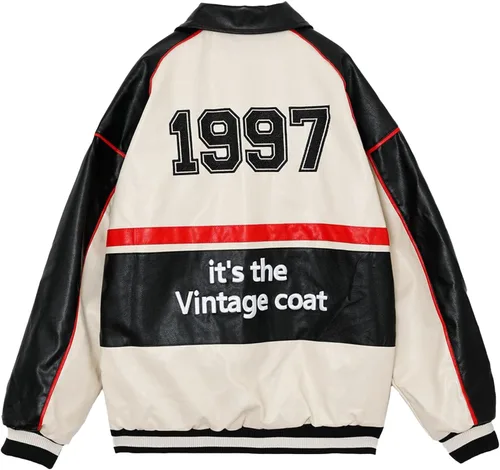 Vista 2 de Aelfric Eden Chaqueta universitaria de piel sintética para hombre, estilo vintage, de carreras, para motocicleta, chaqueta de gran