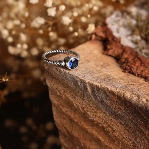 Vista 2 de Anillo de lujo de plata de ley 925, redondo, de corte brillante, color zafiro azul, piedra de lujo, regalo para ella, Metal Metal Piedra, zafiro