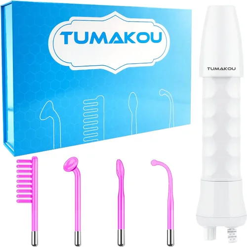 Vista 7 de TUMAKOU - Varita facial de alta frecuencia, máquina portátil de piel facial de alta frecuencia con luz violeta - con 6 tubos de vidrio (blanco)