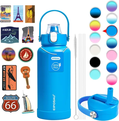Vista 22 de Botella de agua aislada con tapa, bota y calcomanías, botella de acero inoxidable de 24 onzas, sin sudor, mantiene el frío las 24 horas, botella