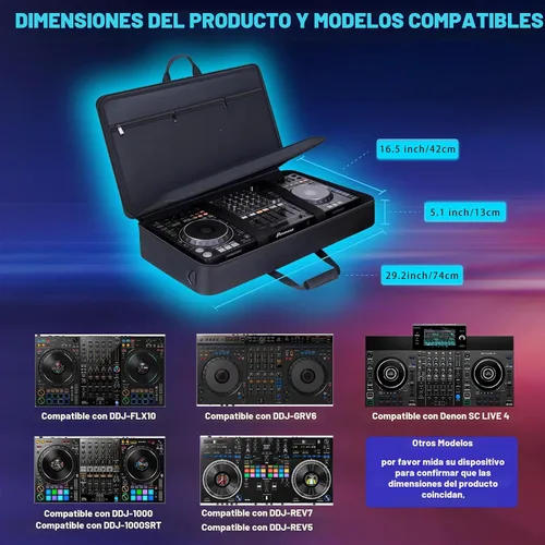 Vista 2 de Funda para controlador de DJ compatible con DDJ-FLX10/ 1000/ 1000SRT/ DDJ-GRV6/REV5/REV7, bolsa acolchada con correa ajustable para el hombro Azul