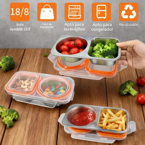 Vista 5 de Recipientes de acero inoxidable con tapa, contenedores reutilizables de 2 compartimentos para aperitivos a prueba de fugas, contenedor de naranja