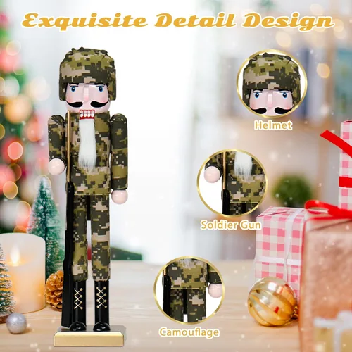 Vista 2 de Soldados Americanos Cascanueces Decoraciones Navideñas - Figuras de Madera Hechas a Mano de 15 Pulgadas con Camuflaje Temática Navideña para Mesa