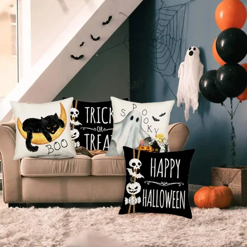 Vista 2 de Fukeen Juego de 4 fundas de almohada de 16 x 16 pulgadas con texto en inglés «Happy Halloween», «Truco o trato», fantasma, fantasma, horror