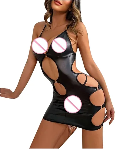 Vista 7 de Babydoll de piel sintética para mujer, con cuello en V, lencería sexy, seductora, tirantes delgados, ajustados