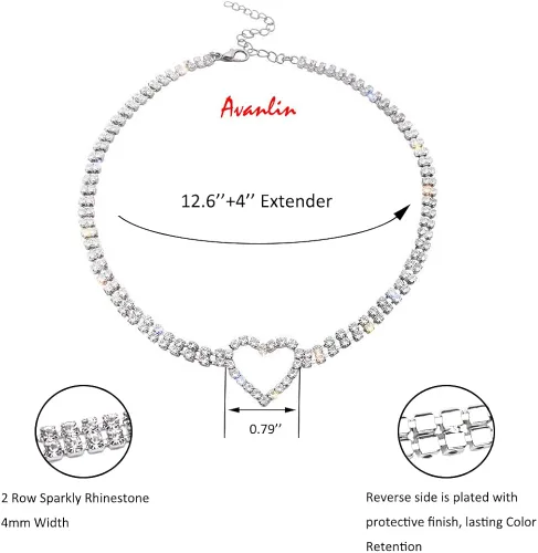 Vista 3 de Avanlin Gargantilla de diamantes de imitación, collares de corazón de diamantes de plata, cadena de cristal de 2 filas para mujeres y niñas
