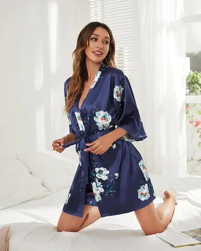 Vista 4 de Shymay Conjunto de pijama de satén para mujer, bata floral y vestido de noche, 2 piezas, ropa de dormir