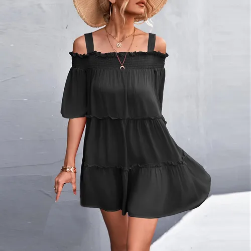 Vista 5 de BONIXOOM Vestido casual de vacaciones para mujer, de verano, con un hombro, con volantes, suelto, minivestido liso, lindo vestido de playa