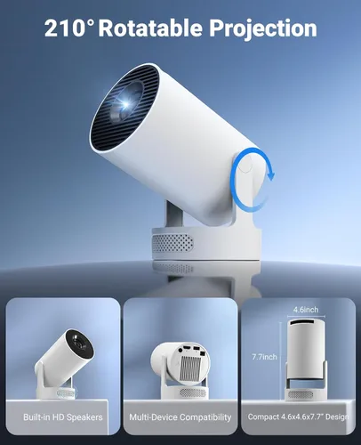 Vista 7 de Mini proyector con WiFi y Bluetooth, proyector 4K 1080P, corrección trapezoidal automática 210 ANSI, proyector portátil giratorio de 210°, proyector