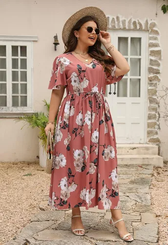 Vista 5 de Nemidor NEM420 - Vestido largo acampanado para mujer, talla grande, estampado floral, estilo bohemio, con bolsillo