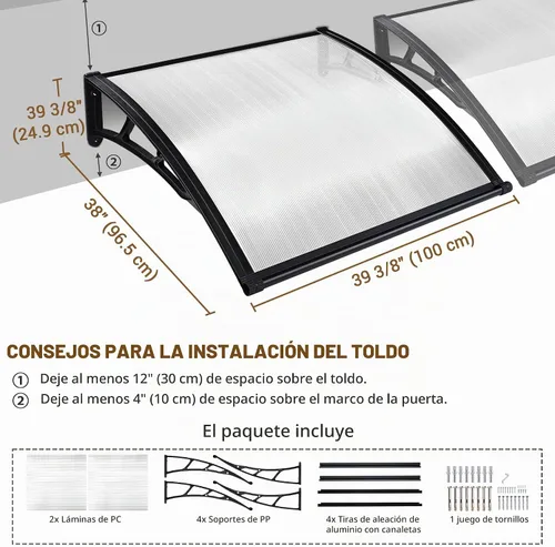 Vista 3 de Yescom - Paquete de 2 toldos de policarbonato para ventana de puerta de 40 x 40 pulgadas Tablero blanco y soporte negro