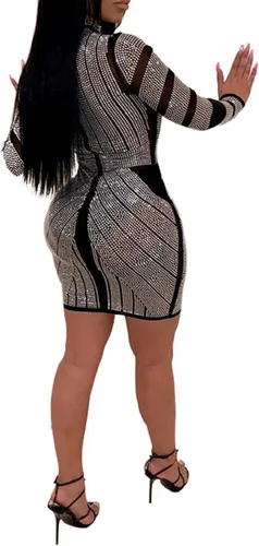 Vista 2 de PORRCEY - Vestido de noche sexy con manga larga y diamantes de imitación para mujer, fiestas y discotecas