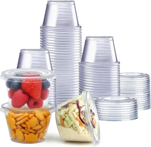 Vista 12 de GUSTO [2 oz.-100] Unidades Vasos de Plástico Desechables Transparentes para Porciones con Tapas - Vasos de Soufflé, Vasos para Shots de Gelatina