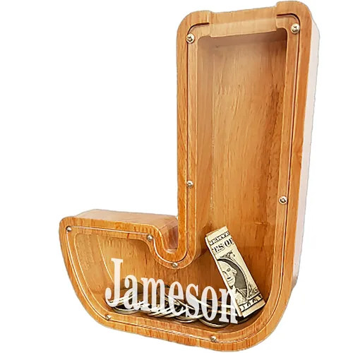 Vista 2 de Alcancia personalizada grande de madera con letras, alcancía para monedas, alcancía personalizada con nombre, puede ser utilizada como regalo de J