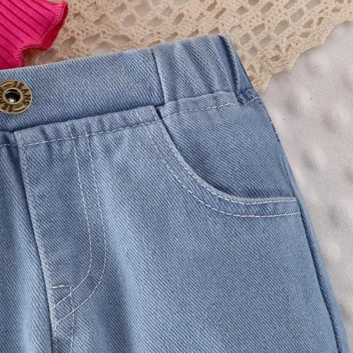 Vista 15 de Conjunto de ropa de bebé niña para bebé, mameluco de encaje blanco de manga larga + pantalones de mezclilla
